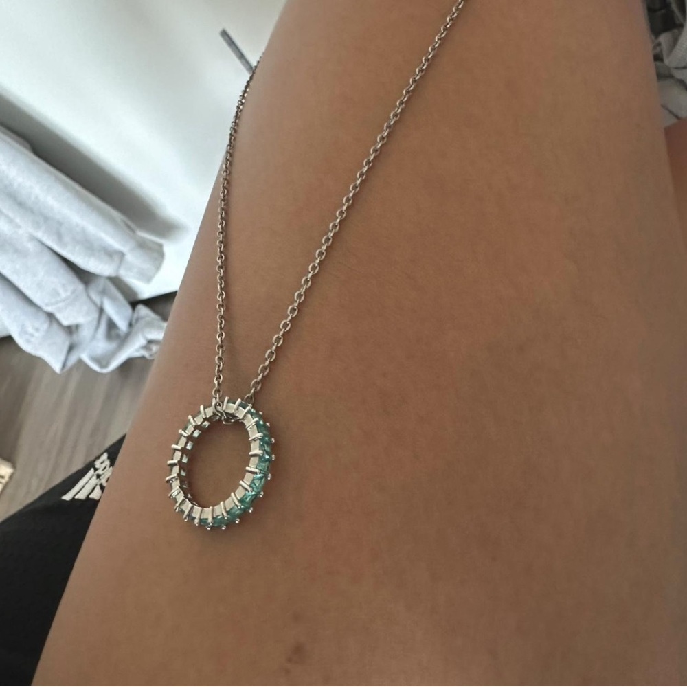 Silver tone turquoise rhinestone ring necklace